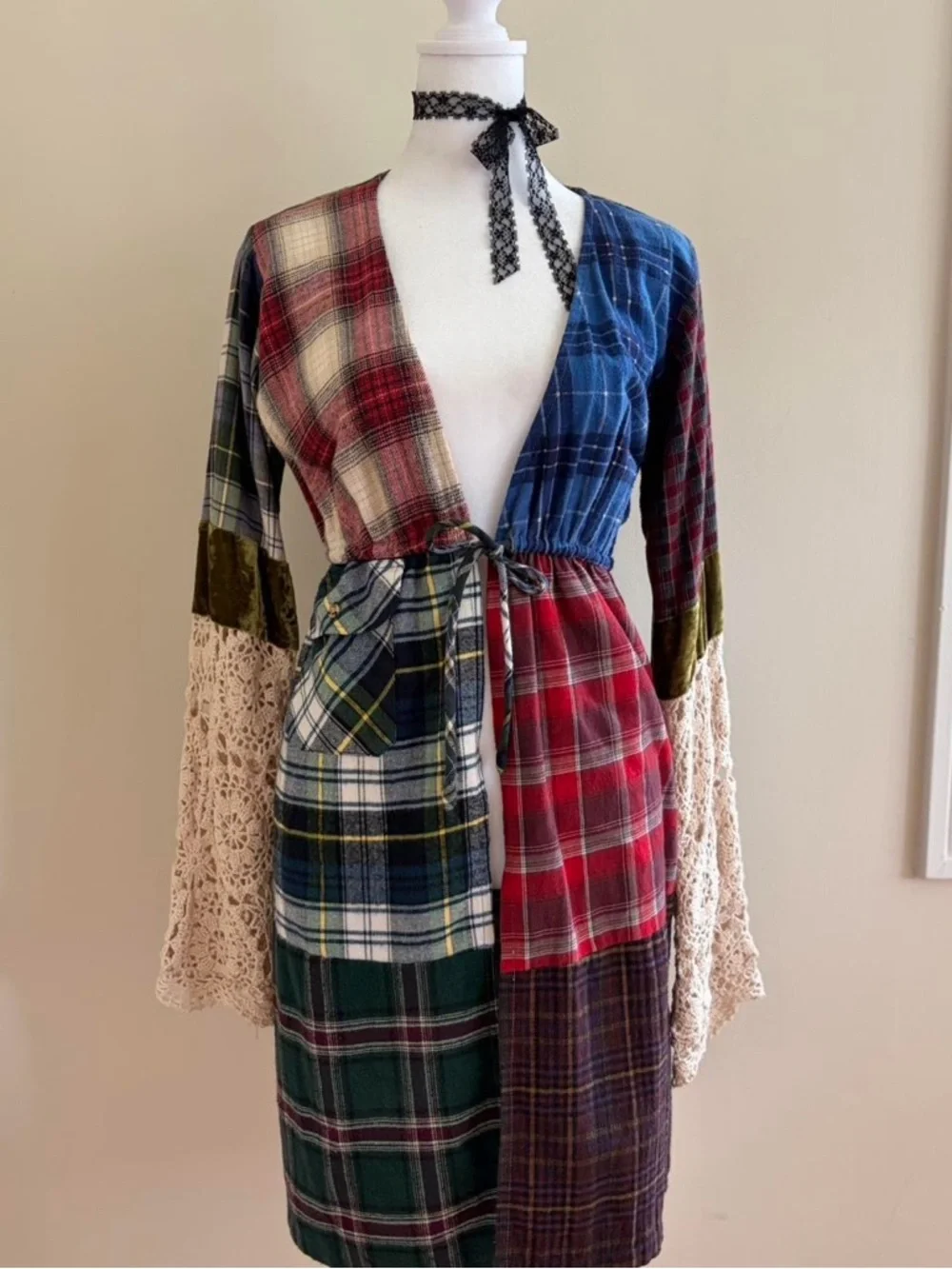 Vintage 90s patchwork crochet lace duster dress plaid grunge boho festival S-M - Picture 5 of 8